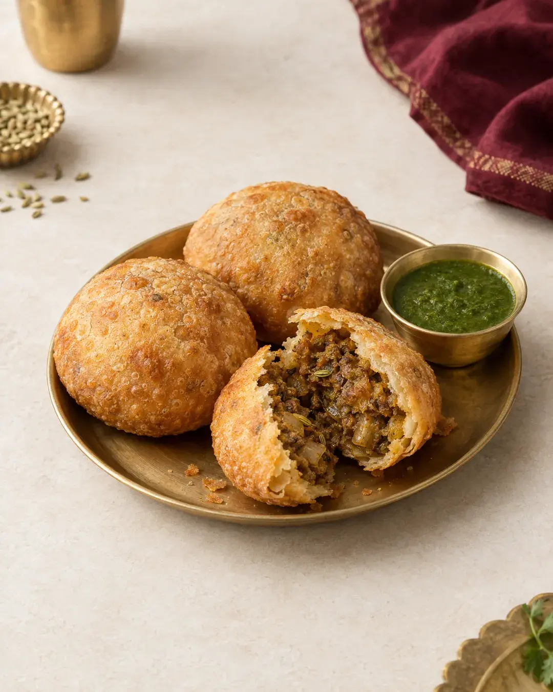 Crisp golden onion kachoris on a brass plate, one broken open to show the spiced onion filling
