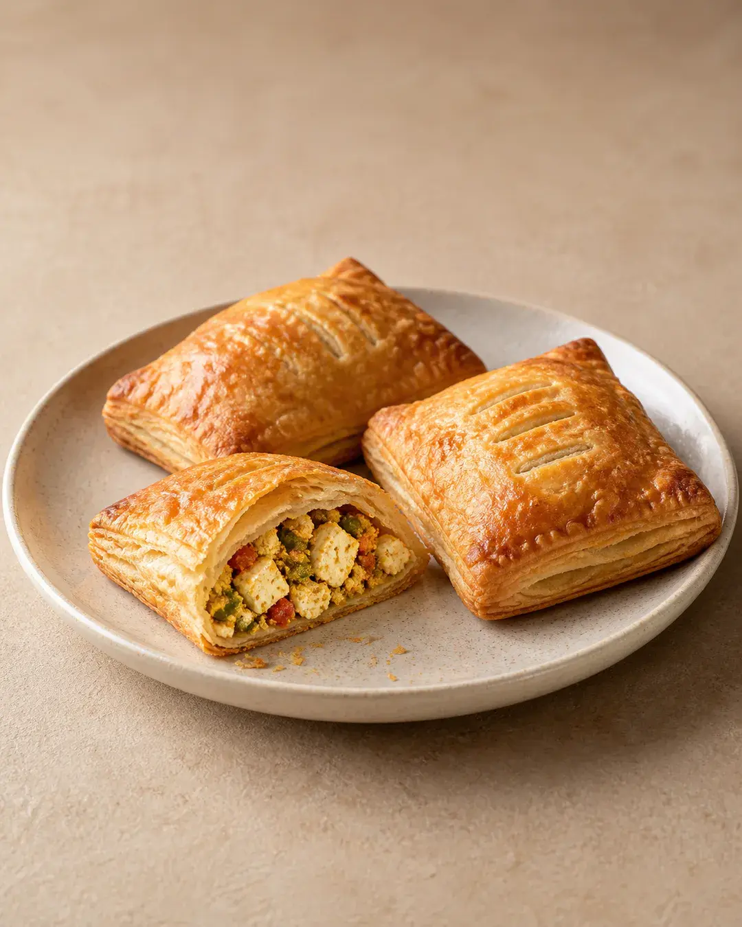 Golden paneer patties, one showing a paneer and vegetable filling