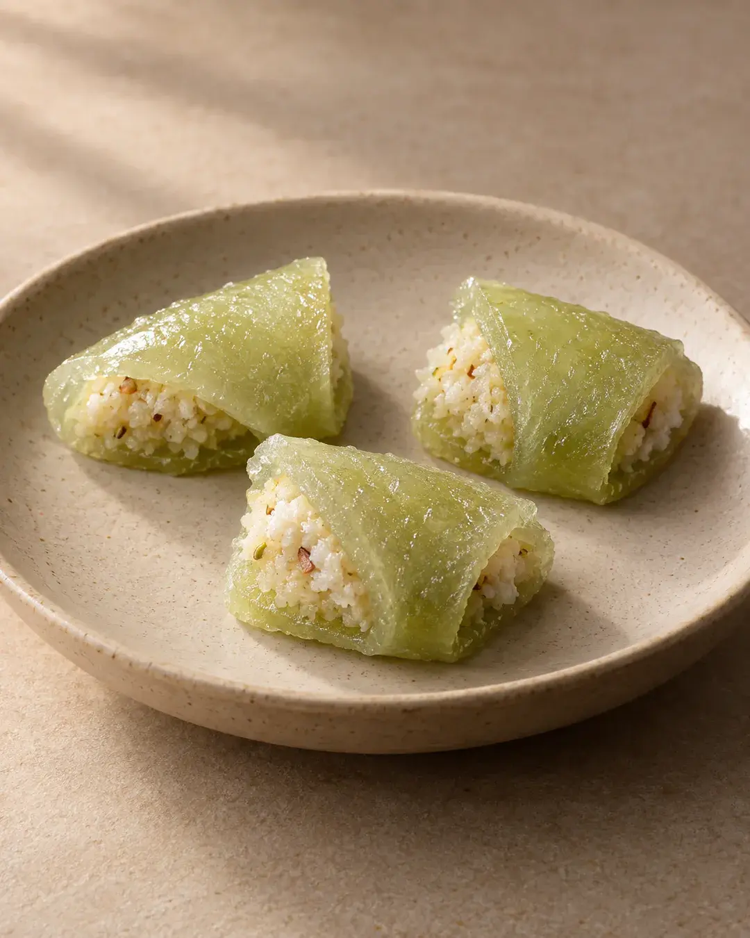 Folded translucent petha gilori with a pale filling