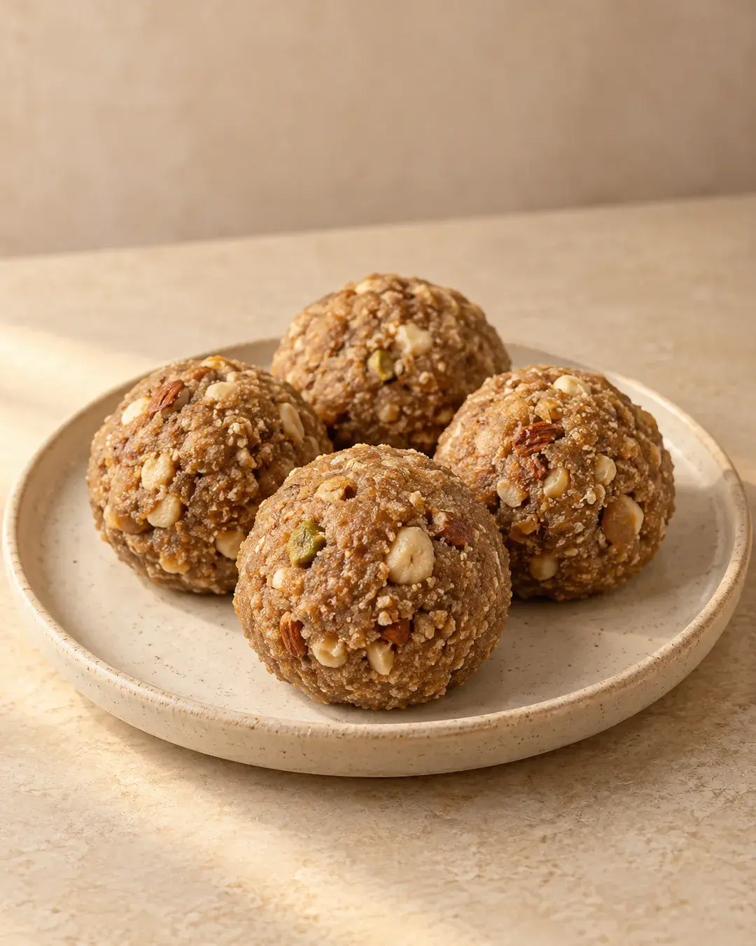 Rustic brown wheat pinni laddus with nut pieces