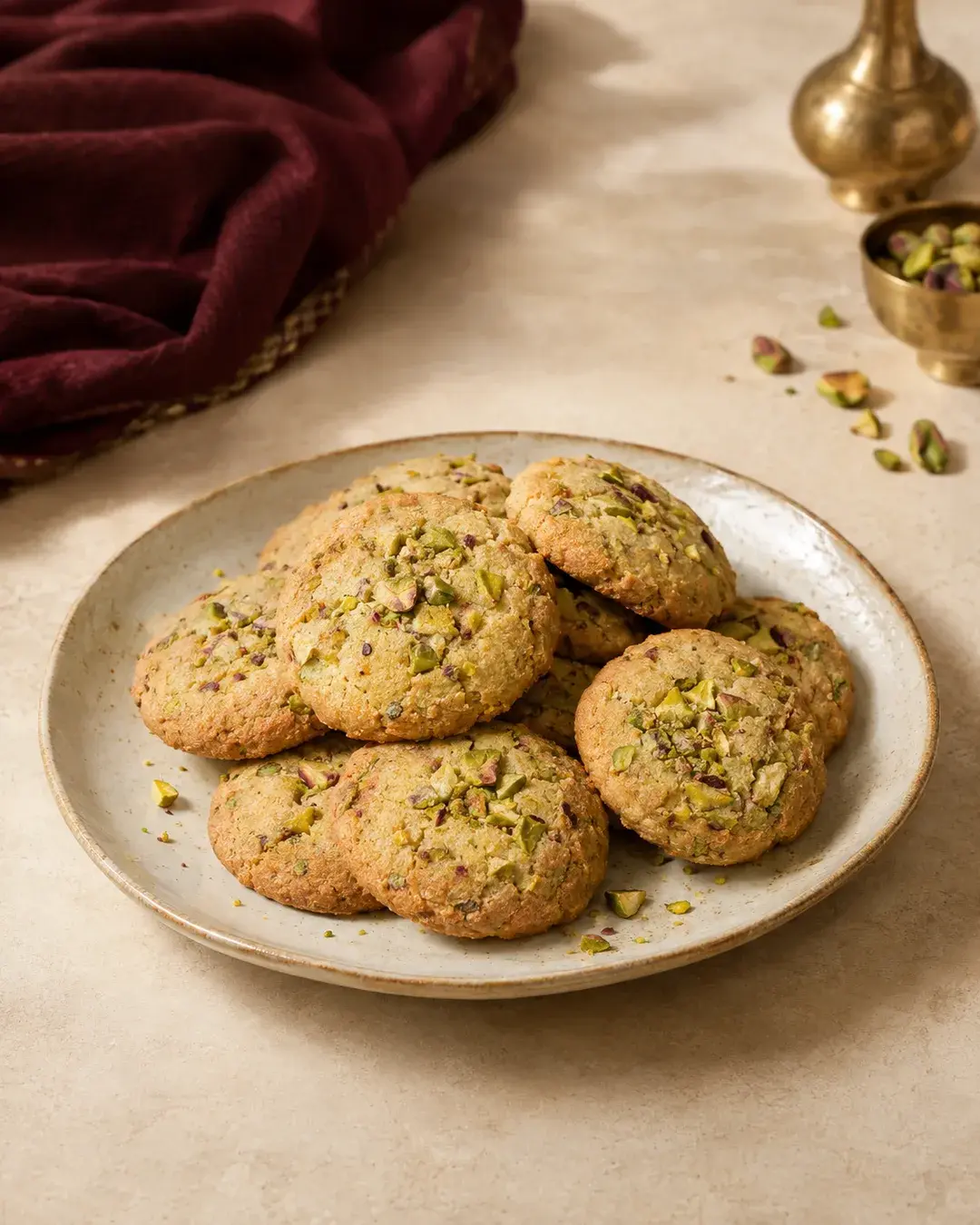 Round pista cookies studded with chopped pistachio, heaped on a stoneware plate