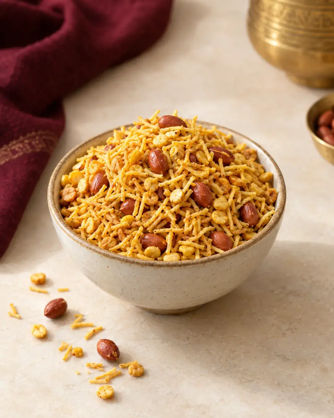 Fine golden sev with fried chana dal and peanuts in a ceramic bowl