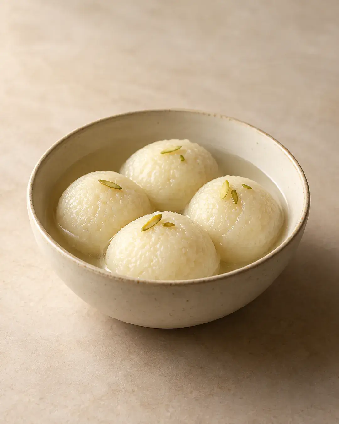 Pale syrup-soaked rasbhari in a ceramic bowl