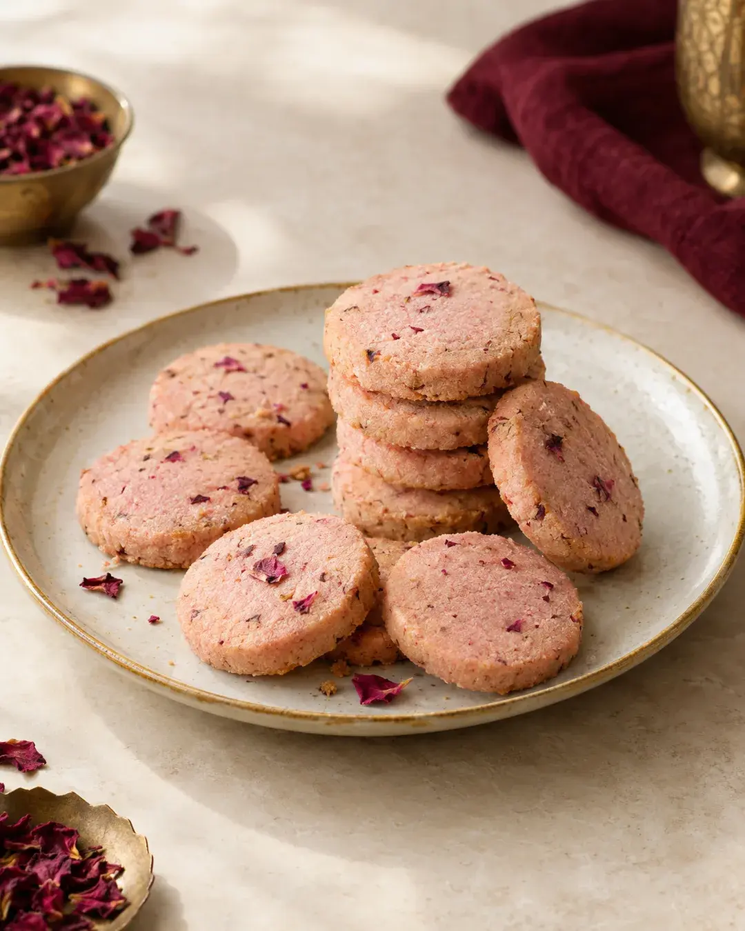 Pale pink rose-flavoured butter cookies flecked with dried rose petals