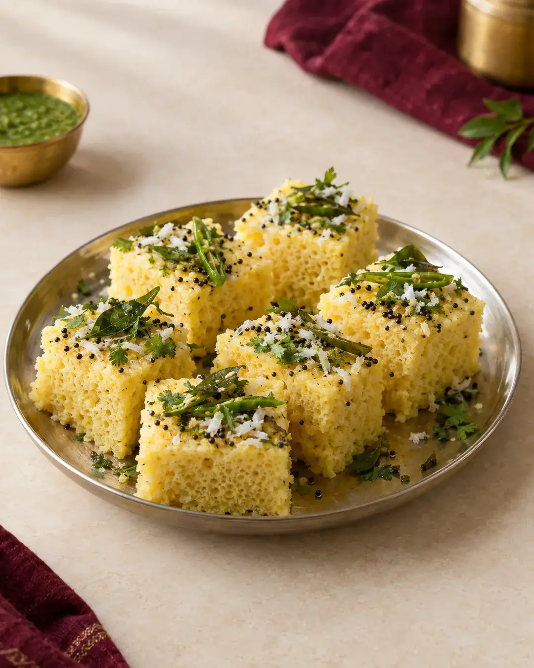 Soft pale-yellow dhokla squares with mustard seed and curry leaf tempering