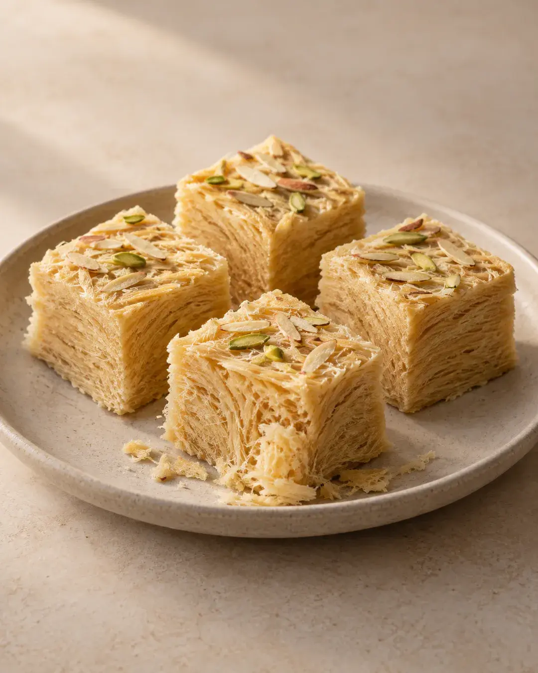 Fine flaky layers of pale golden soan papdi