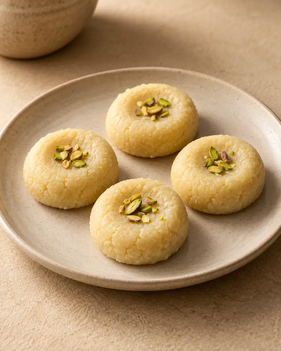 Pale khoya peda with thumb-pressed centres