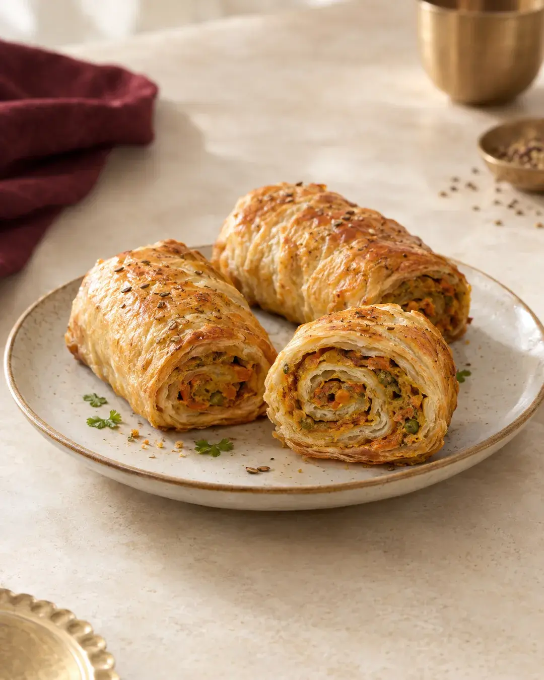 Golden flaky spice rolls, one cut to show the spiced vegetable filling