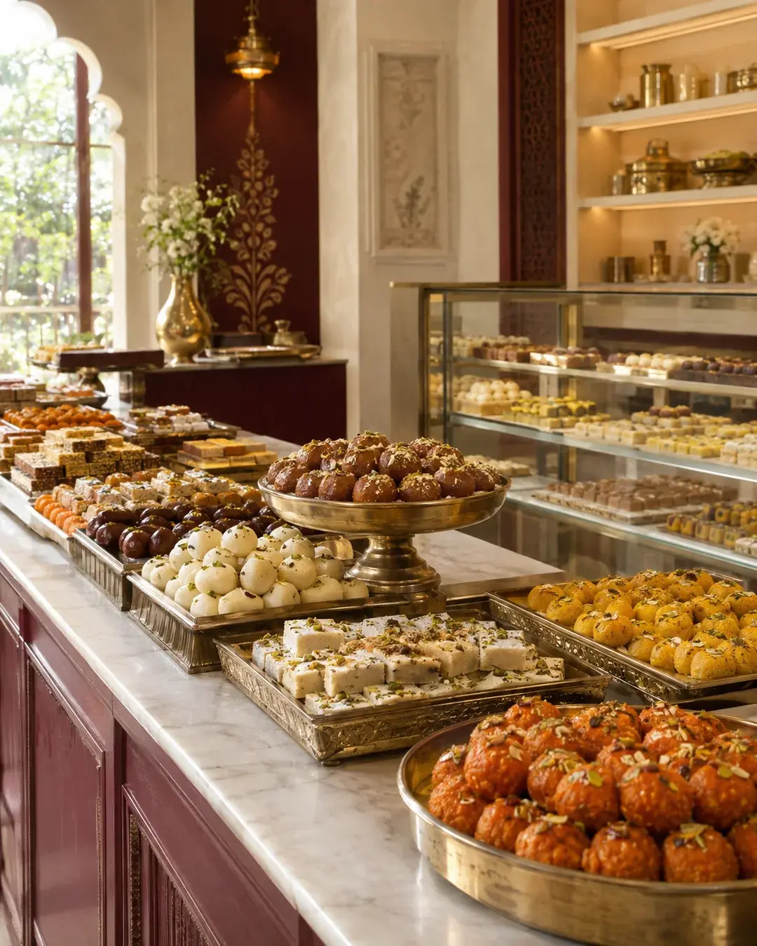 Concept photograph of a mithai shop counter, with trays of laddus, barfi and pedas on a marble top and a lit glass display case behind