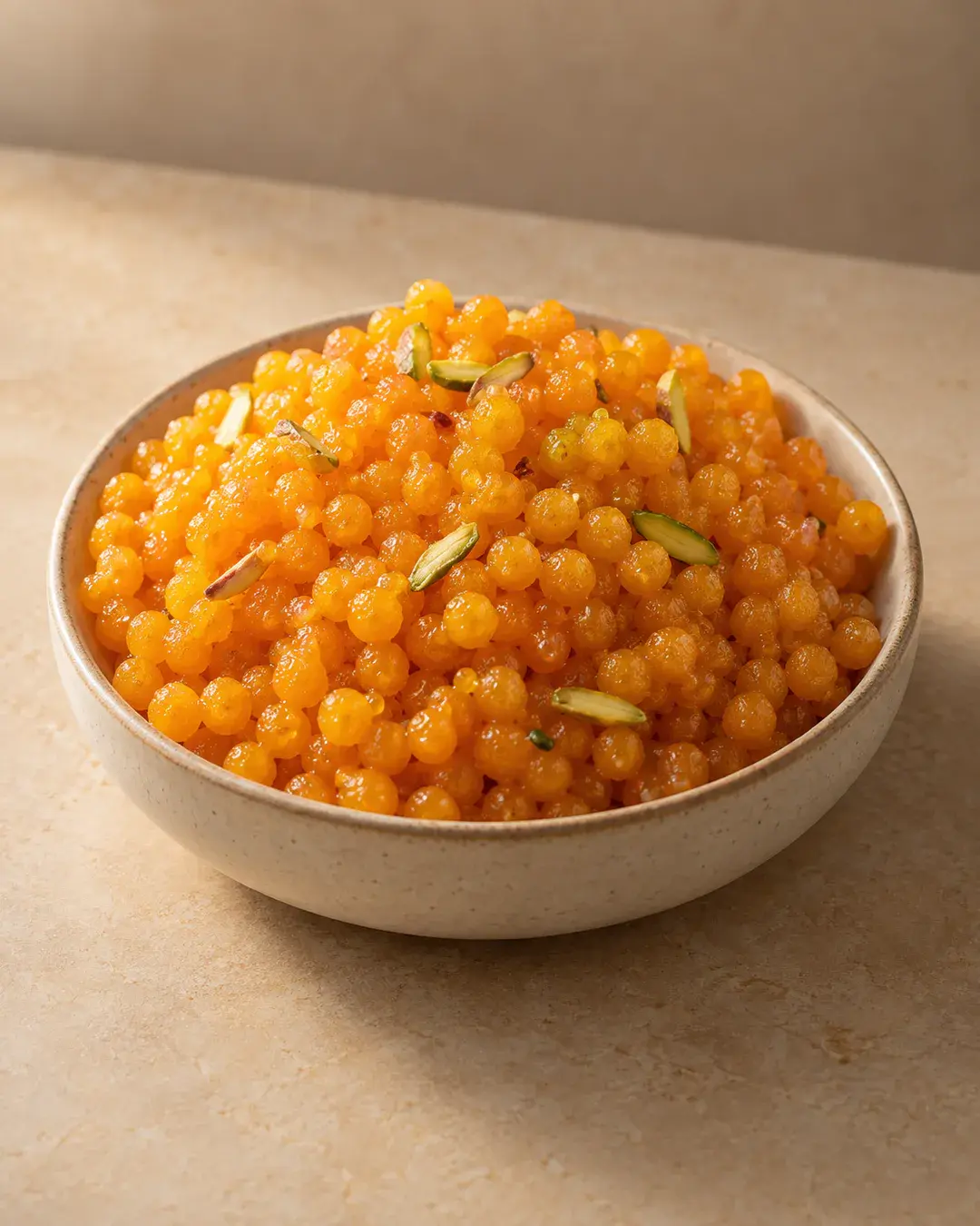 Small glossy saffron-orange sweet boondi pearls