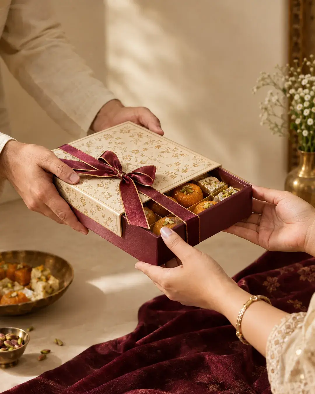 Concept photograph of a cream and gold mithai box with a burgundy ribbon being handed from one person to another