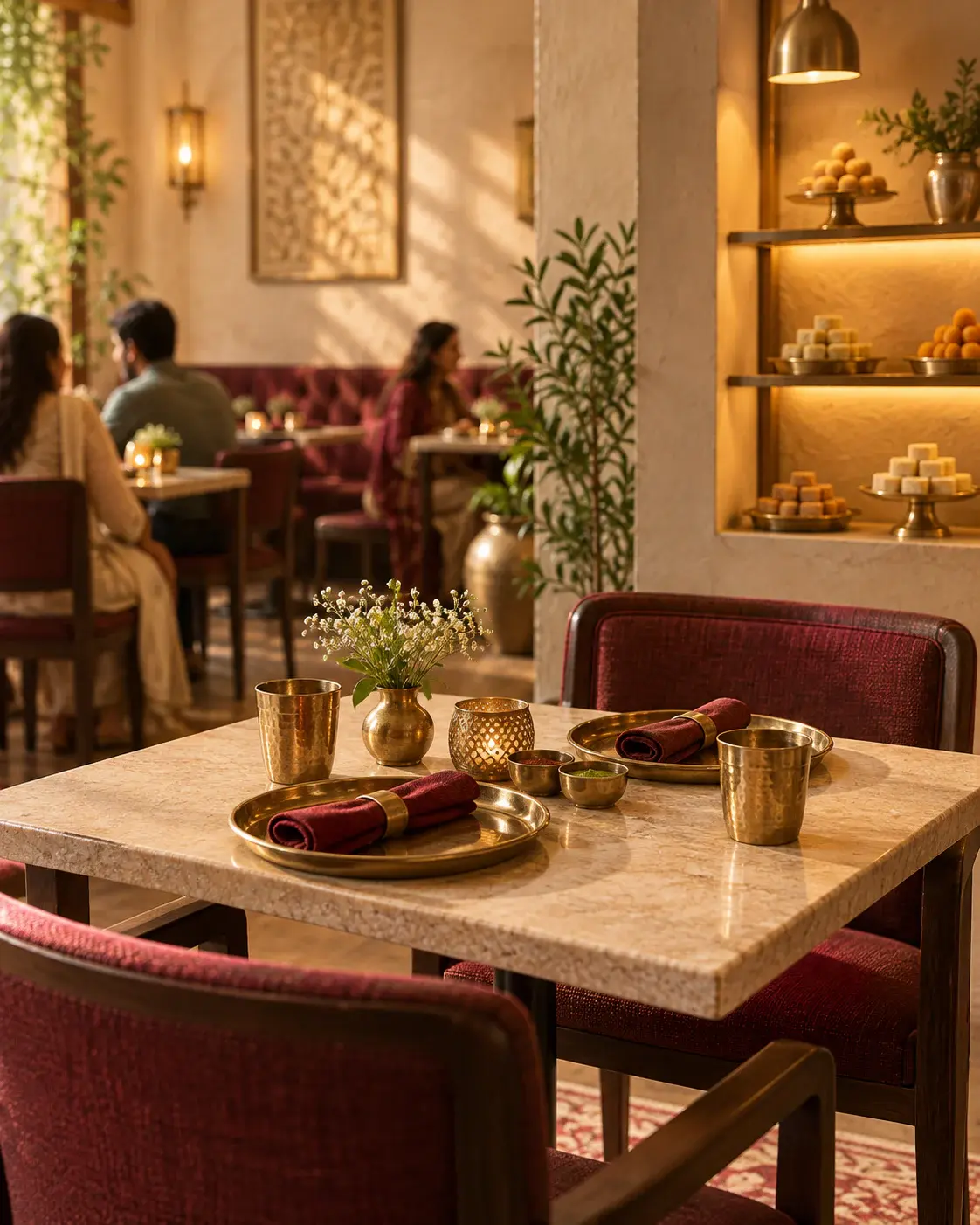 Concept photograph of a warmly lit restaurant table with brass place settings and diners softly out of focus behind