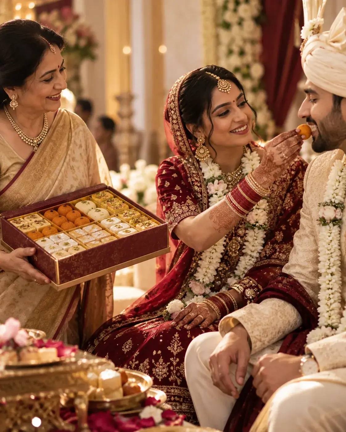 Concept photograph of a bride feeding the groom a laddu while an elder in a gold sari holds an open box of assorted mithai