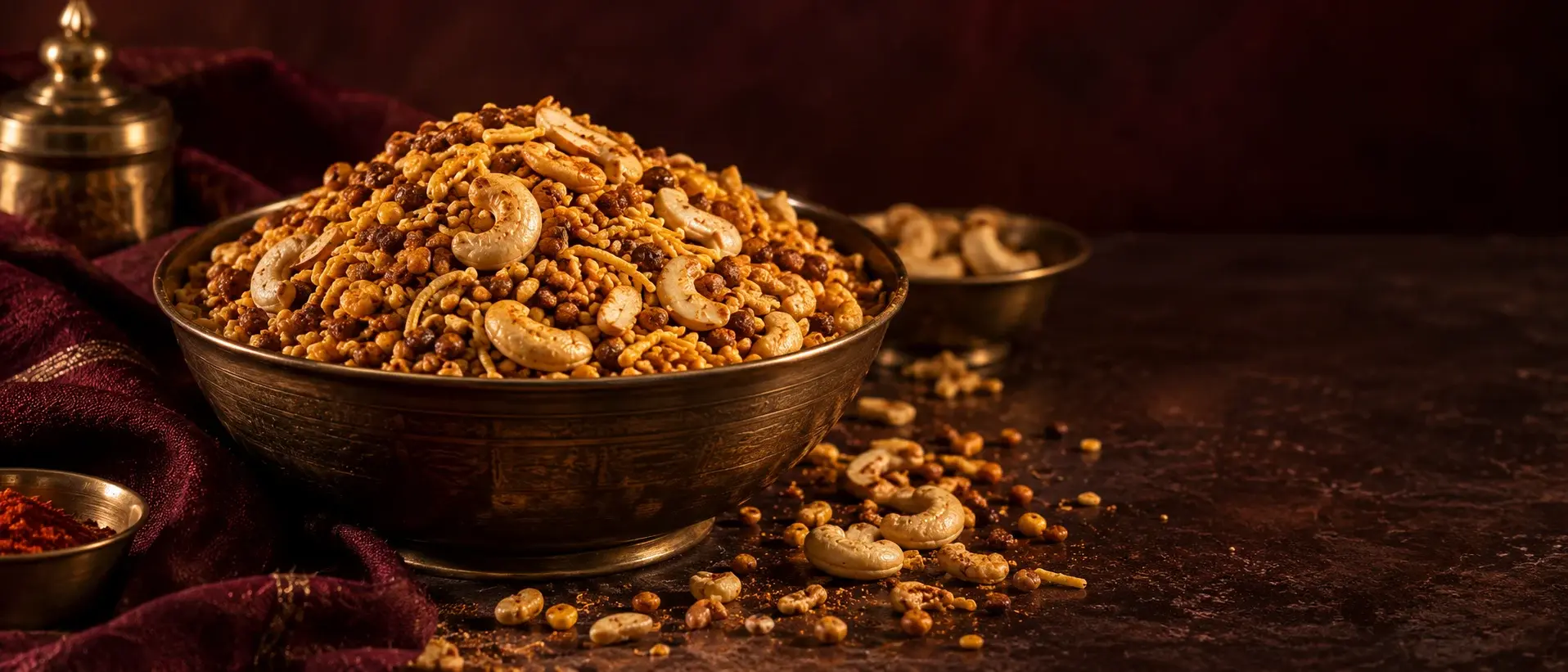 Concept photograph of Kaju Dalmoth heaped in a brass bowl with whole cashews, on a dark table beside burgundy cloth