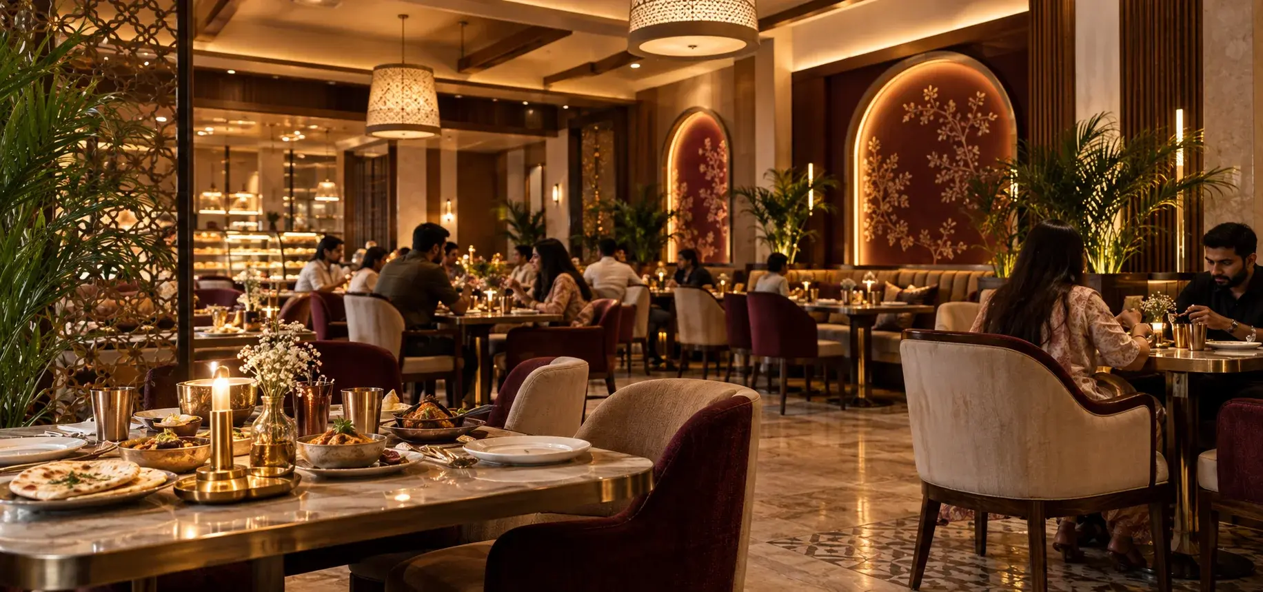 Concept photograph of a warmly lit restaurant with upholstered chairs, arched wall panels and diners at their tables