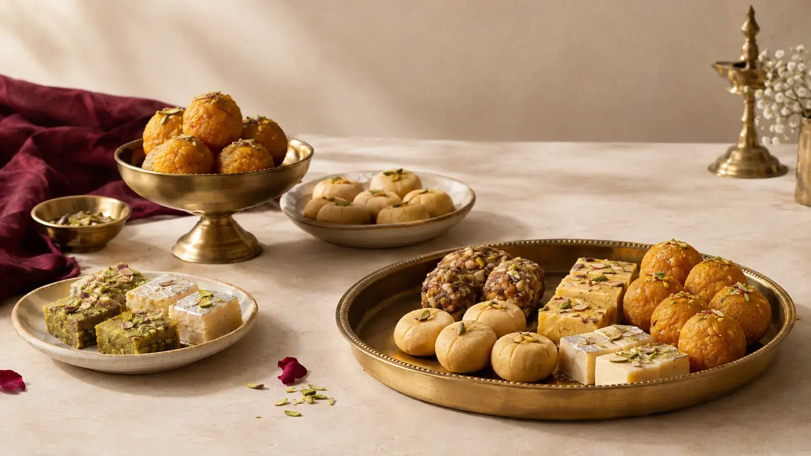 Concept photograph of assorted mithai on brass plates: laddus, pedas, barfi and dry-fruit sweets on a marble table