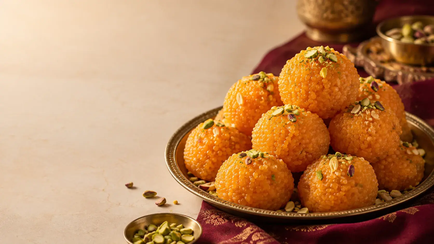 Concept photograph of motichoor laddus piled on a brass thali with pistachio slivers, on a burgundy cloth