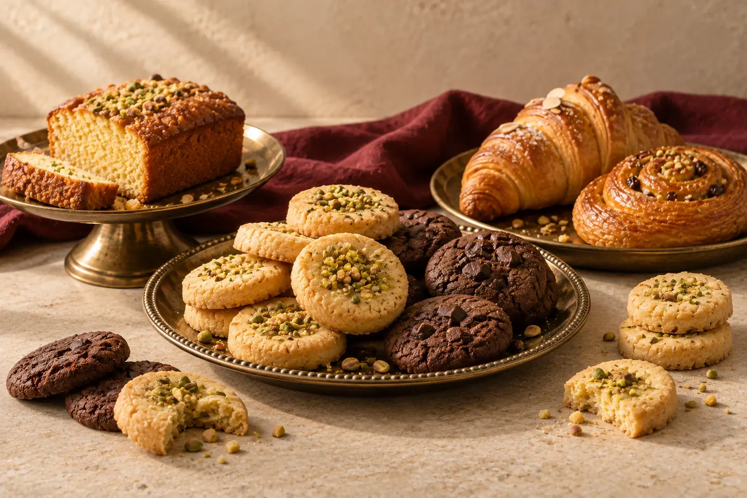 Concept photograph of pistachio and chocolate cookies with tea cake and pastries on brass serving pieces