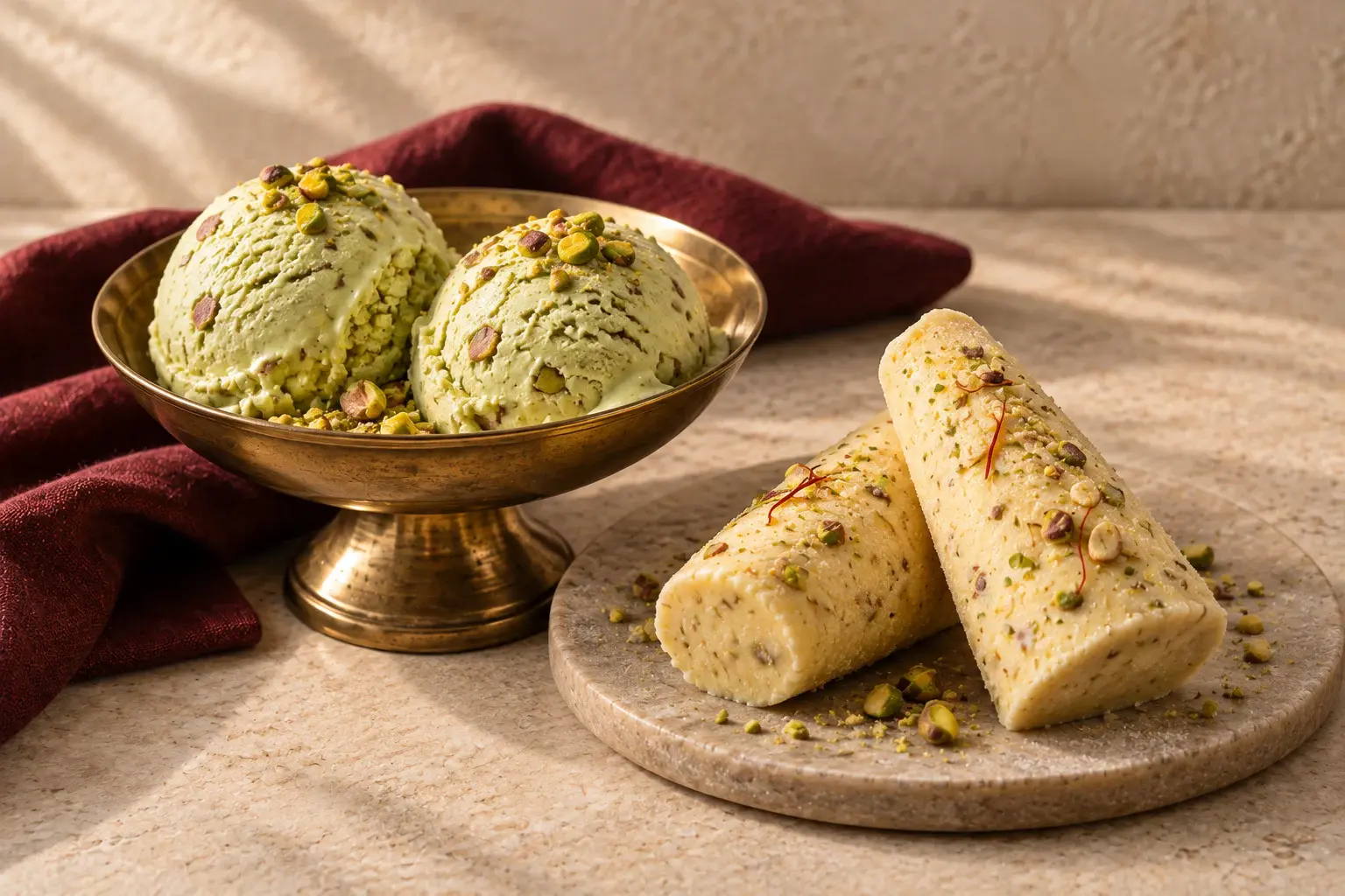 Concept photograph of pistachio ice cream and saffron pistachio kulfi on brass and stone serving pieces