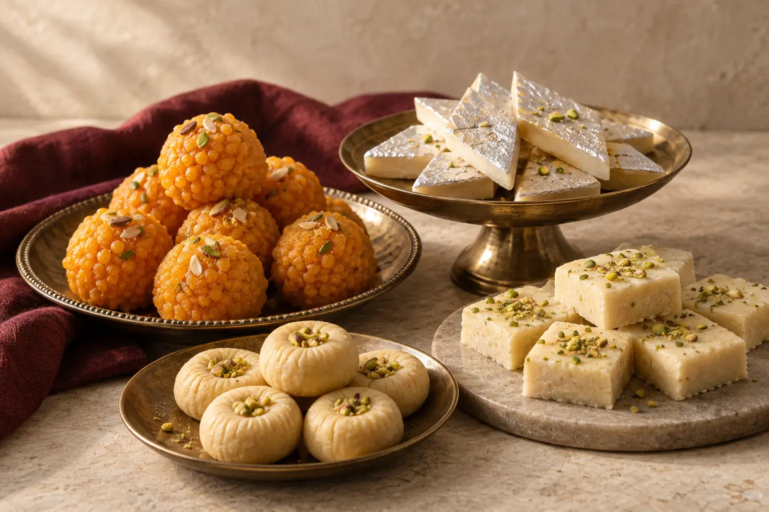 Concept photograph of motichoor laddus, kaju katli, barfi and pedas arranged on brass and stone serving pieces