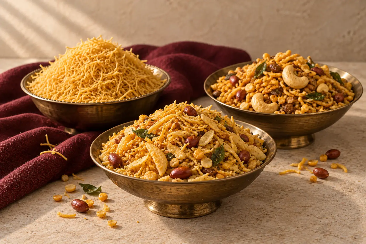 Concept photograph of sev and two namkeen mixtures with peanuts and cashews in brass bowls