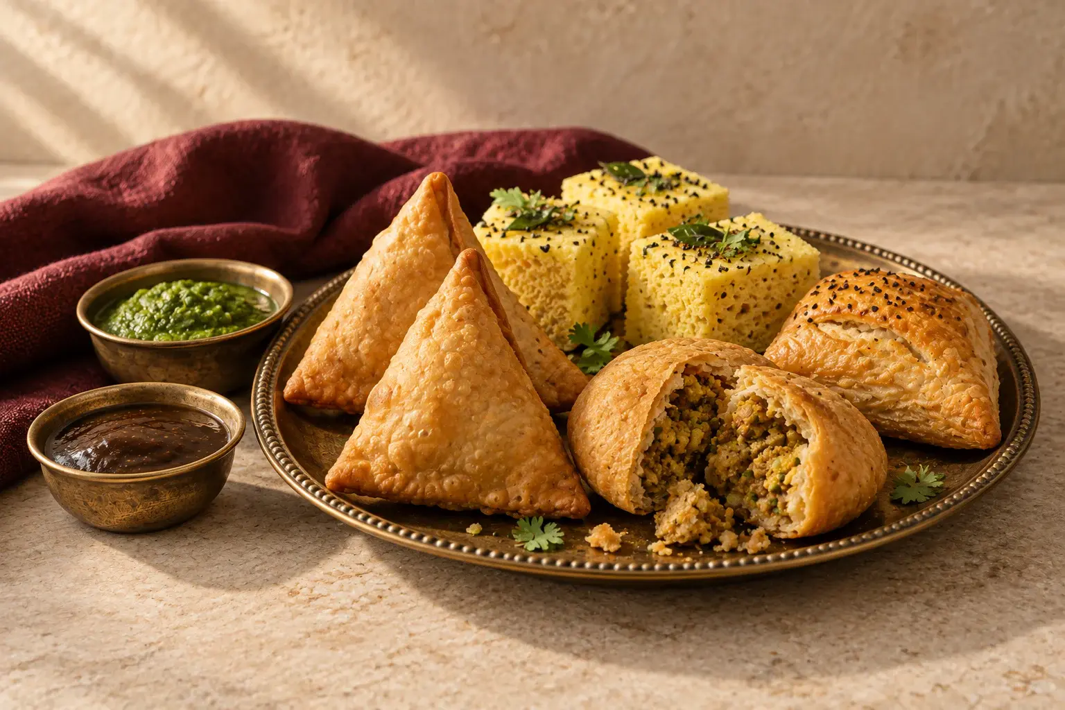 Concept photograph of samosas, a broken kachori, dhokla and a baked pattie with chutneys
